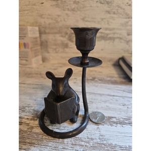 Vintage Bronze Mouse Reading Candle Holder Figurine Patina MCM, Minatures